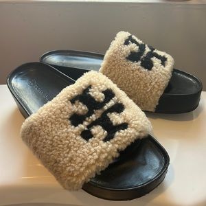 Tory Burch double t strap platform slides 8.5 shearling